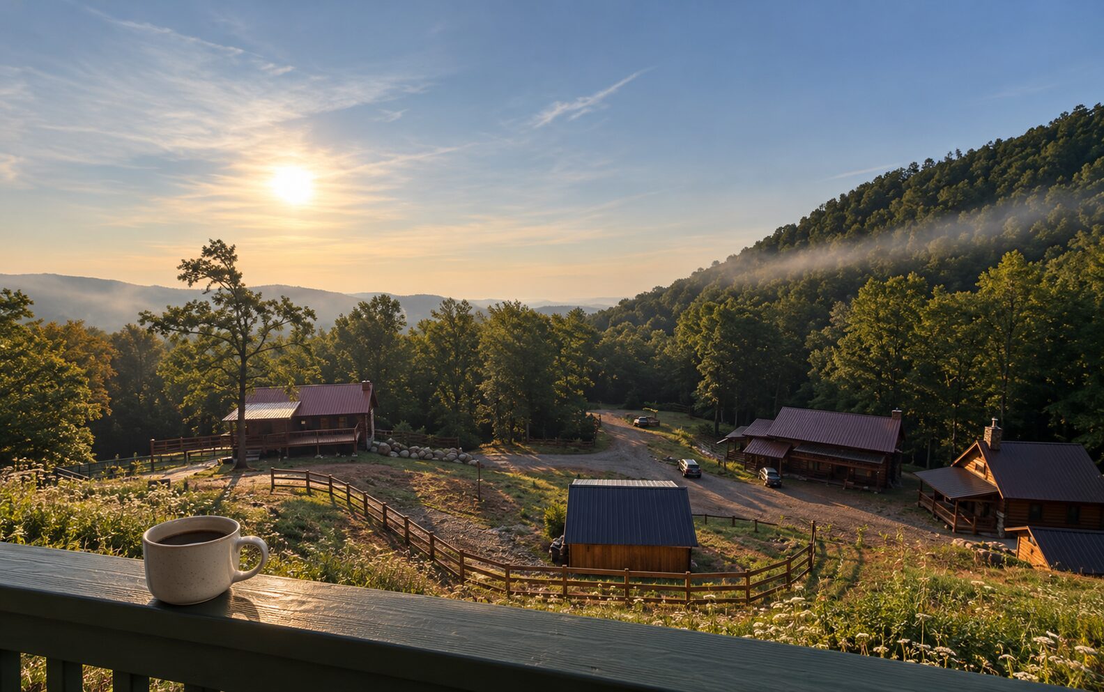 Coffee on the porch rail at sunrise, looking out over the cabins