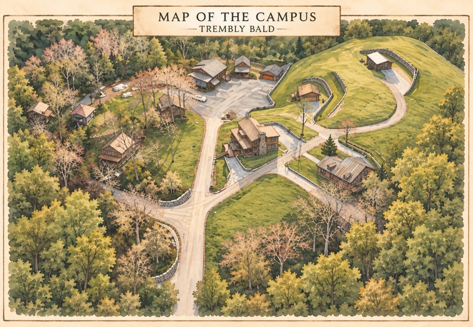 Aerial view of the campus loops and rooflines