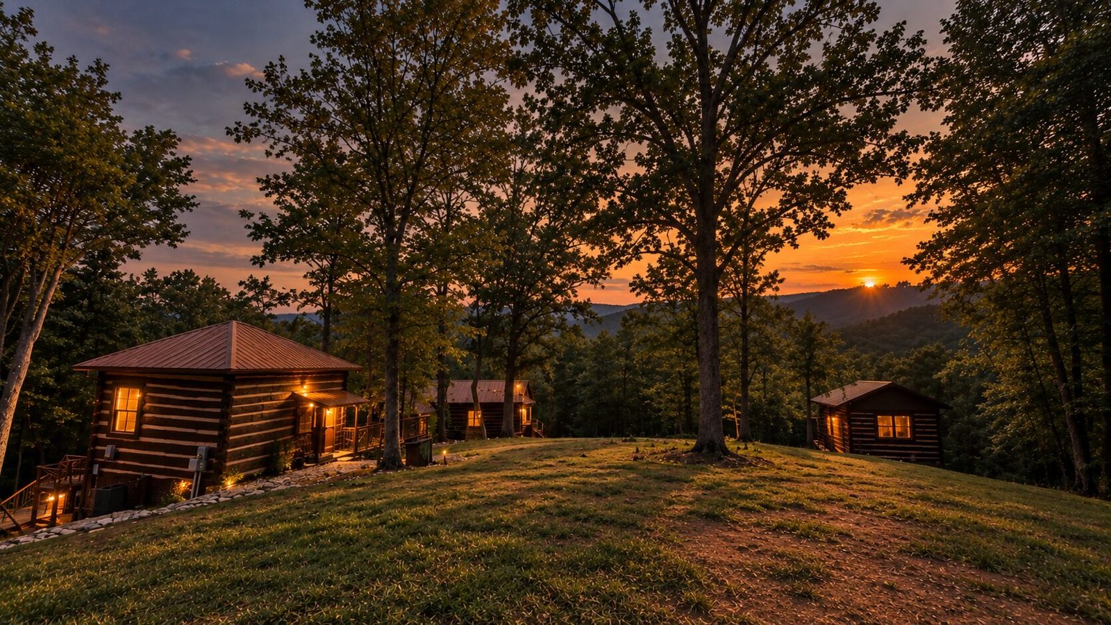 A cabin at night, windows glowing, stars over the ridge