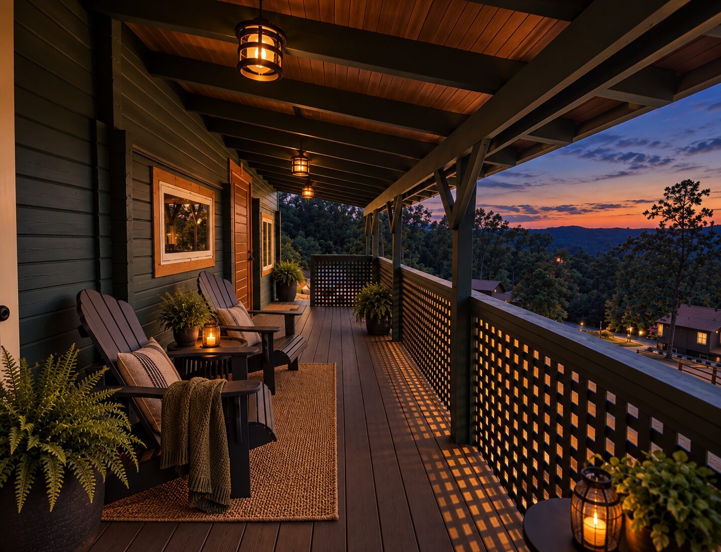 A single cabin at blue hour, porch light on